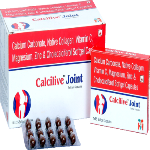 CALCILIVE JOINT Calcium Carbonate 600 mg + Cholecalciferol 260 IU + Copper Sulphate 0.5 mg + Magnesium Oxide 30 mg + Manganese Sulphate 1.8 mg + Undenatured Type II Collagen 40 mg + Vitamin C 30 mg + Zinc Oxide 7.5 mg + Excipients q.s TAB